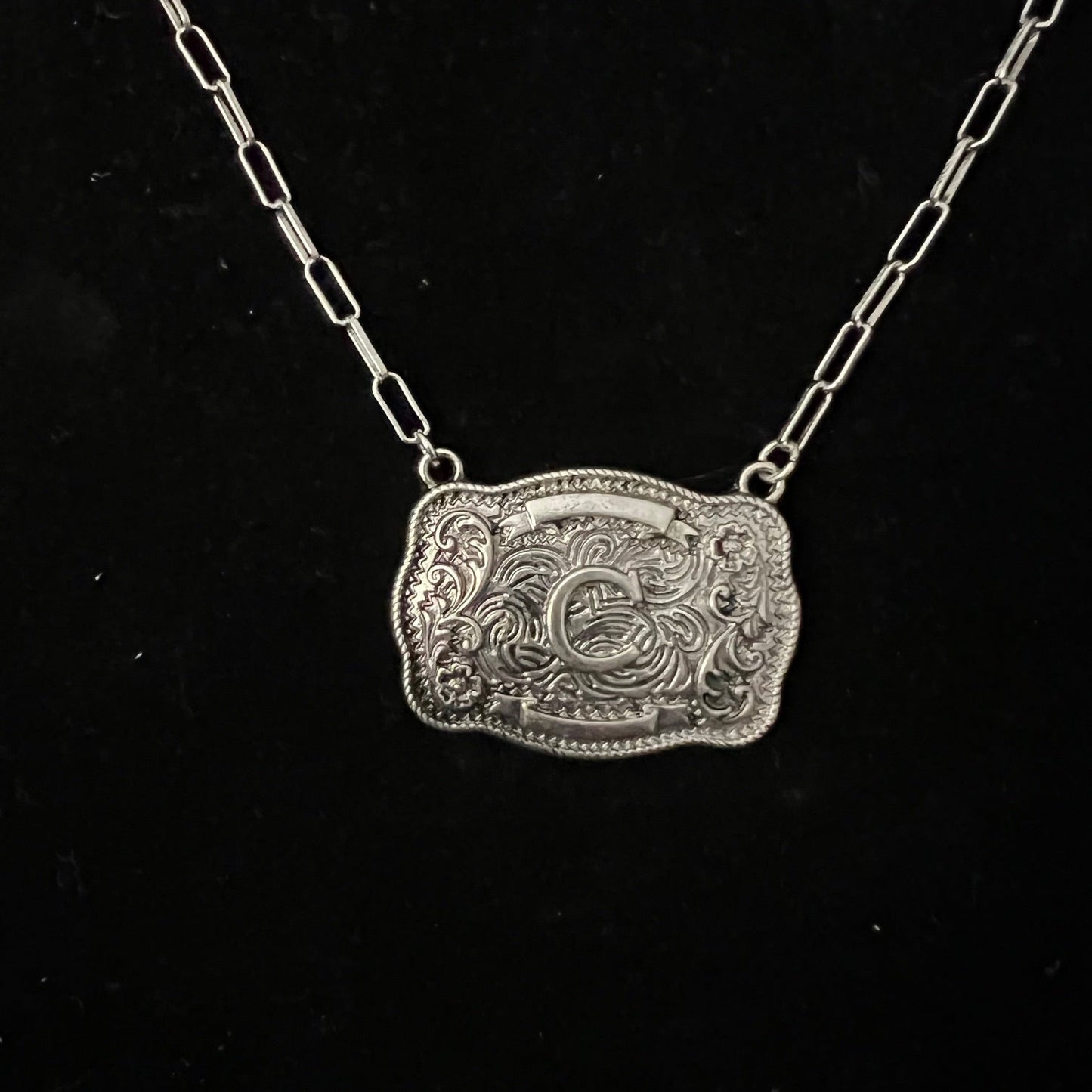 FASHION Belt Buckle Initial Necklace with Paper Clip Chain 0329 Cedar Hill Country Market