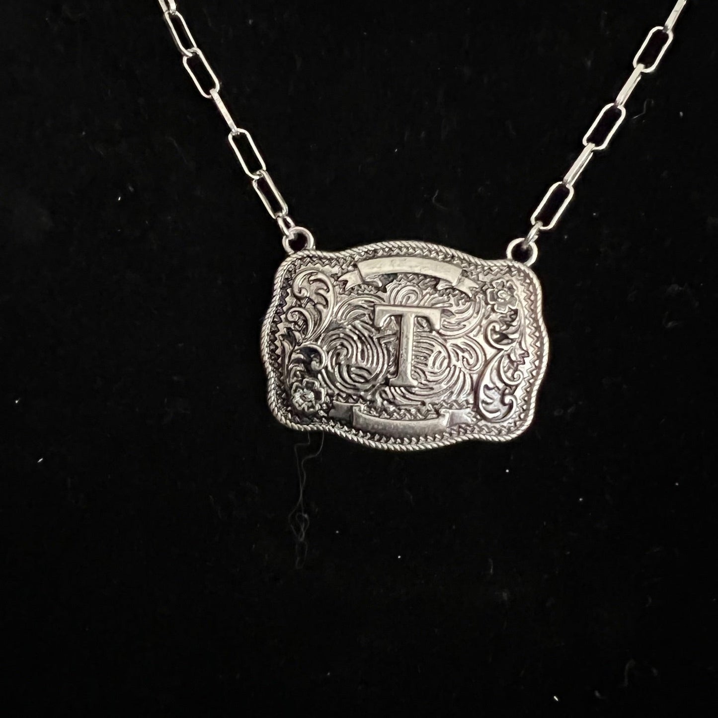 FASHION Belt Buckle Initial Necklace with Paper Clip Chain 0329 Cedar Hill Country Market
