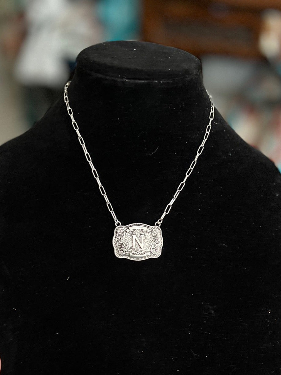 FASHION Belt Buckle Initial Necklace with Paper Clip Chain 0329 Cedar Hill Country Market