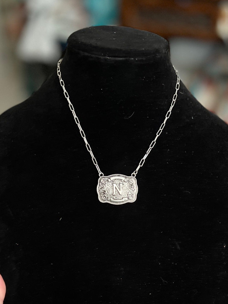 FASHION Belt Buckle Initial Necklace with Paper Clip Chain 0329