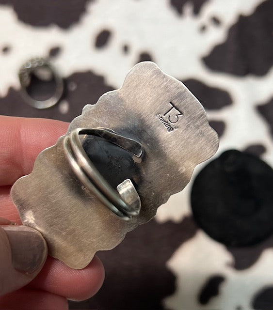 Navajo Handmade SS Kingman Turquoise Bar Ring - Artist Tia Long Cedar Hill Country Market