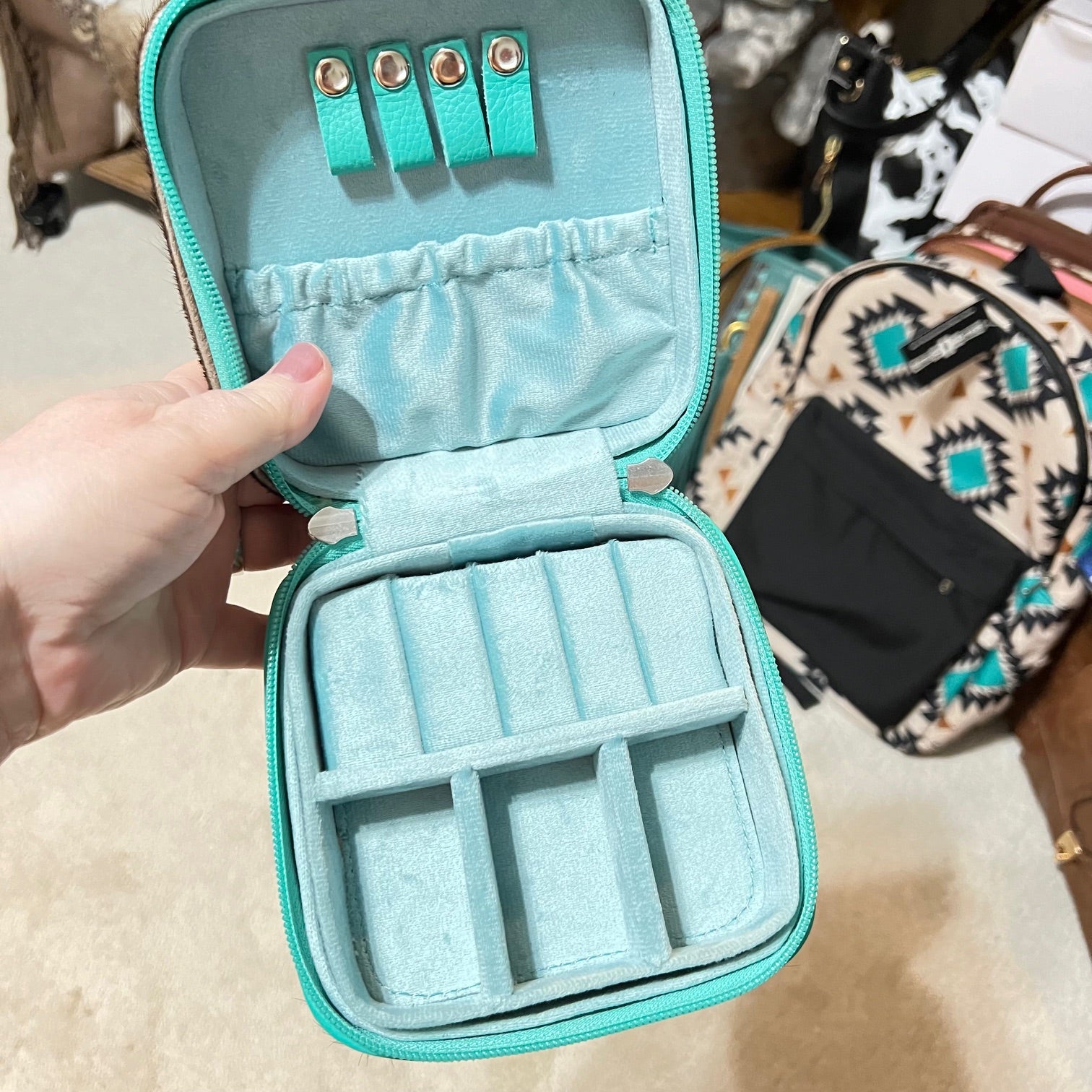 Turquoise Hair on Hide Leather Jewelry Travel Box CedarHill Country Market