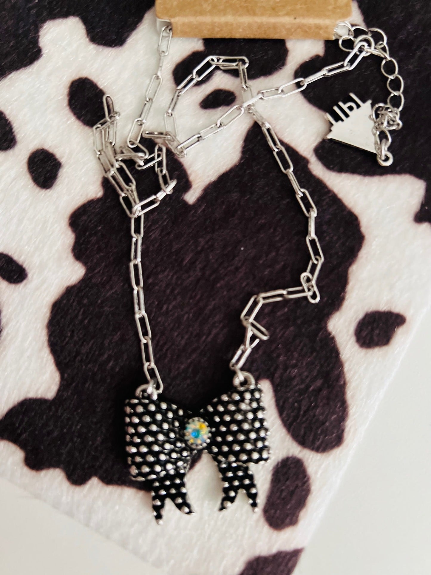 Black AB Bow 18 inch Necklace on Paperclip chain Cedar Hill Country Market