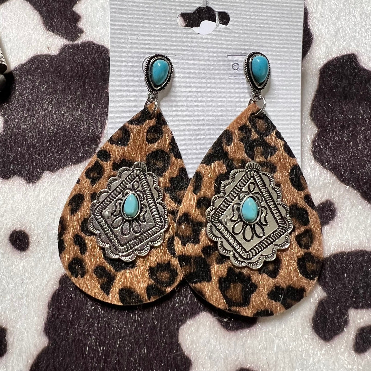 Faux Hide Leopard & Turquoise Dangle Earrings 1023 CedarHill Country Market