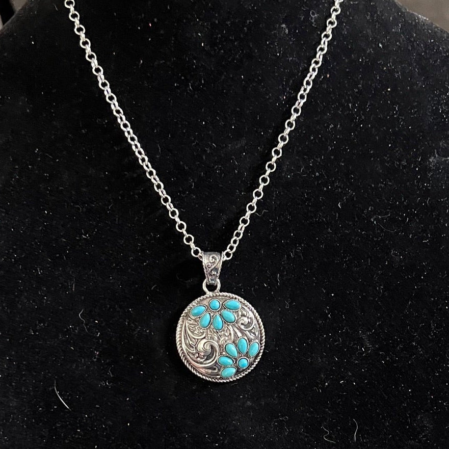 Boho Ranch Silver/Turquoise Floral Pendant Necklace 0713 CedarHill Country Market