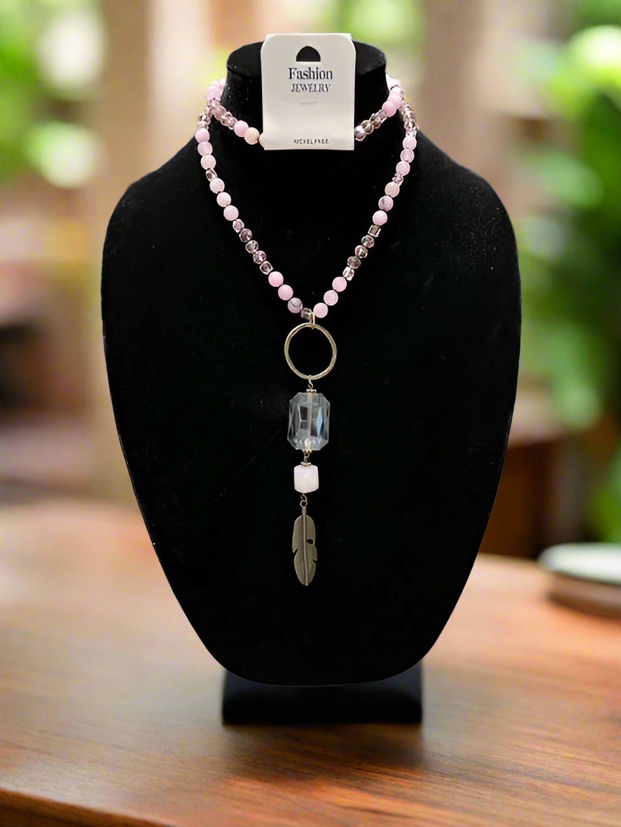 Muted Fashion Pink Faceted Pearls and Bronze Feather Necklace Cedar Hill Country Market