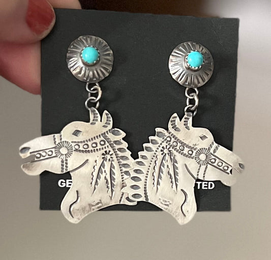 Genuine Indian Handmade Sterling Silver Horse Head Earrings with Genuine Turquoise - Artist: Gabriella Yazzie Cedar Hill Country Market