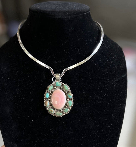 Genuine Turquoise and Pink Conch Tibetan Silver 2 1/2”Pendant Cedar Hill Country Market