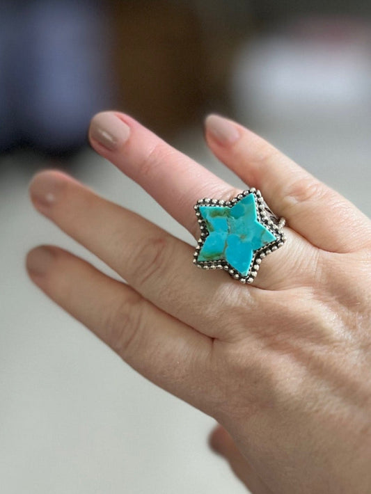 Genuine Turquoise Sterling Silver and Star Ring Size 9.5 Cedar Hill Country Market