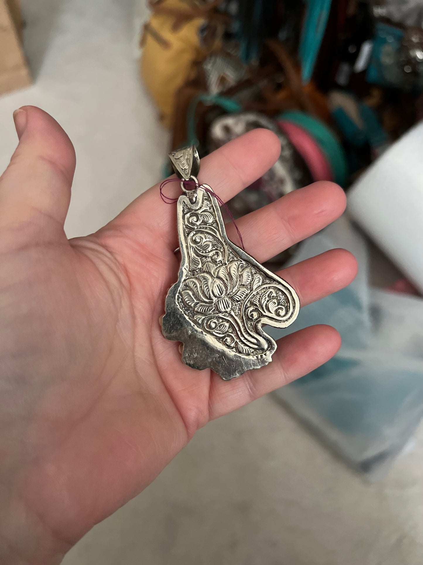 Ornate hand carved silver donkey pendant Cedar Hill Country Market
