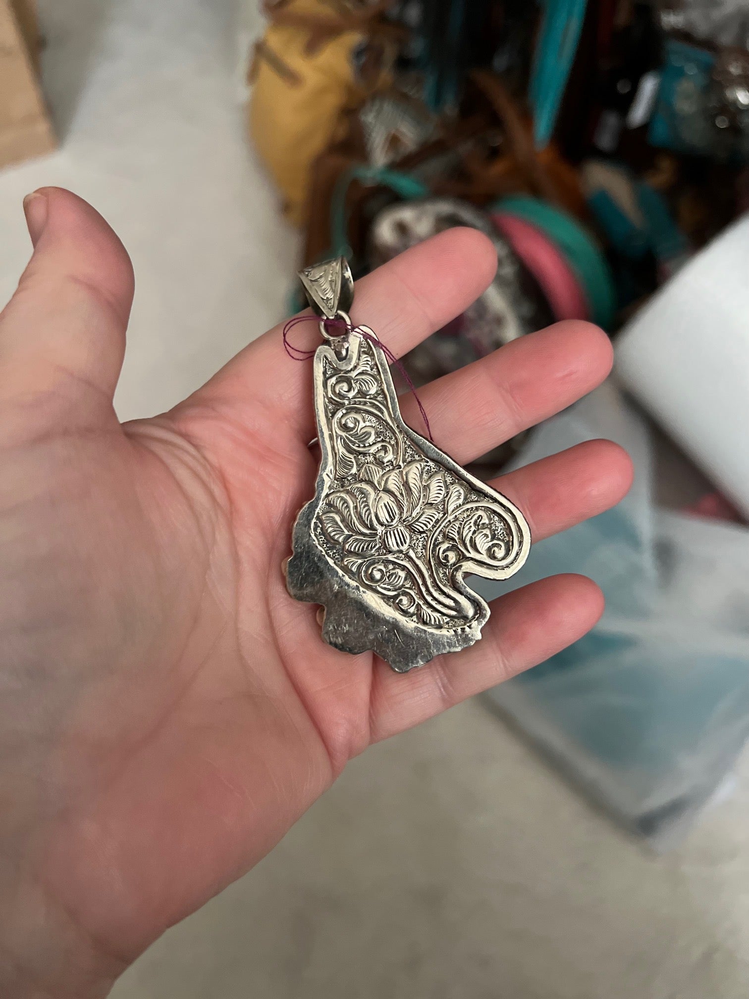 Ornate hand carved silver donkey pendant Cedar Hill Country Market