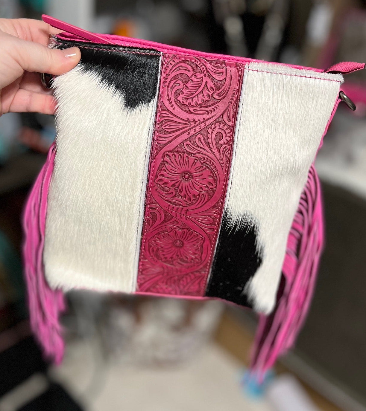 Trinity Ranch Hair-On Cowhide Fringe Concealed Carry Crossbody Bag - Hot Pink Cedar Hill Country Market