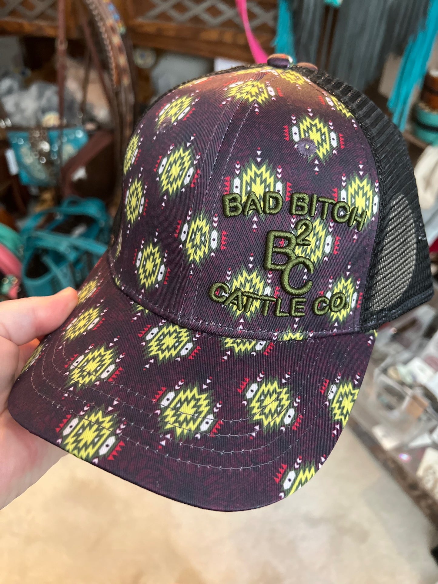 Bad Bitch Neon Aztec and Purple Trucker Hat Cedar Hill Country Market