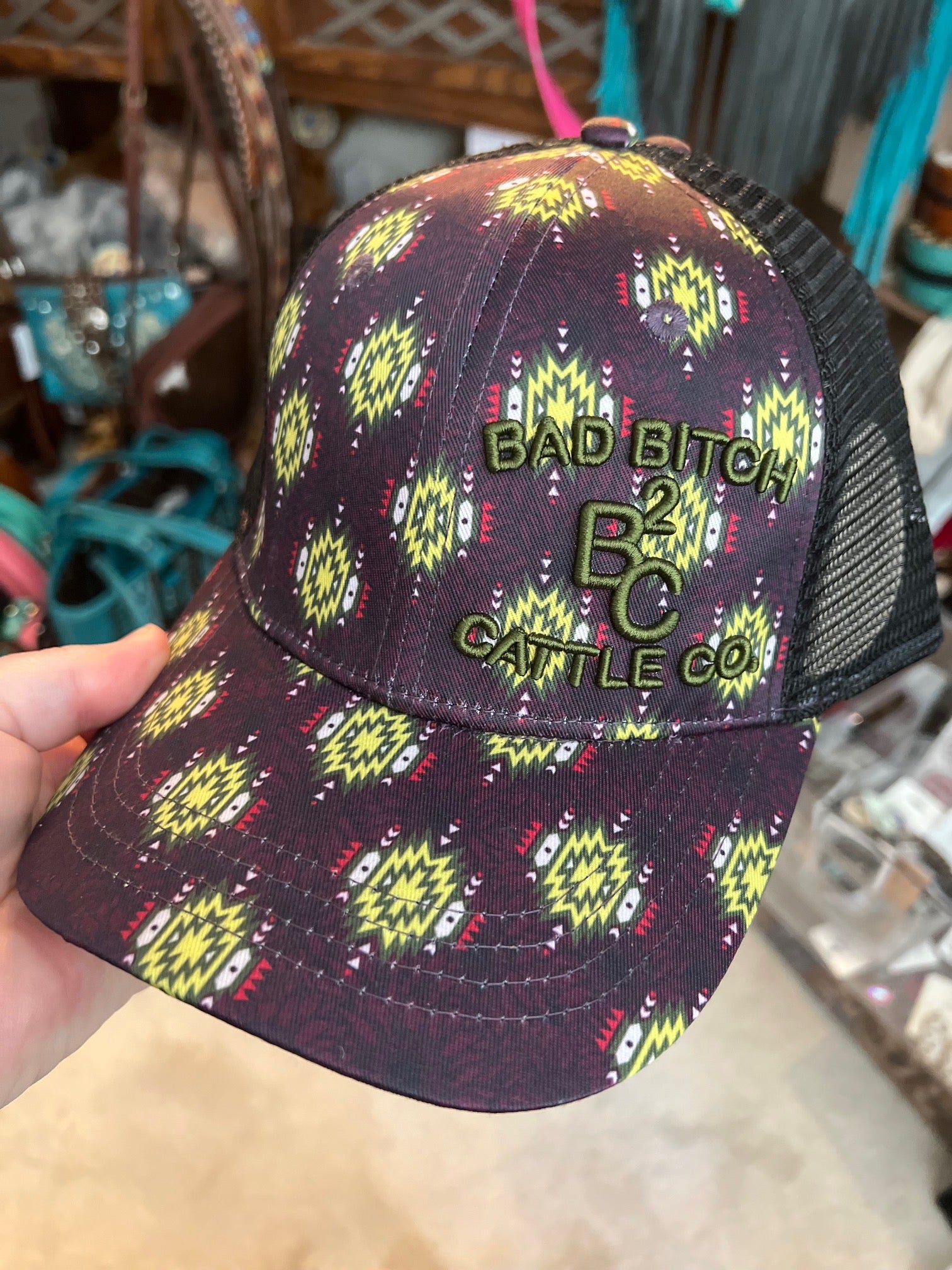 Bad Bitch Neon Aztec and Purple Trucker Hat Cedar Hill Country Market