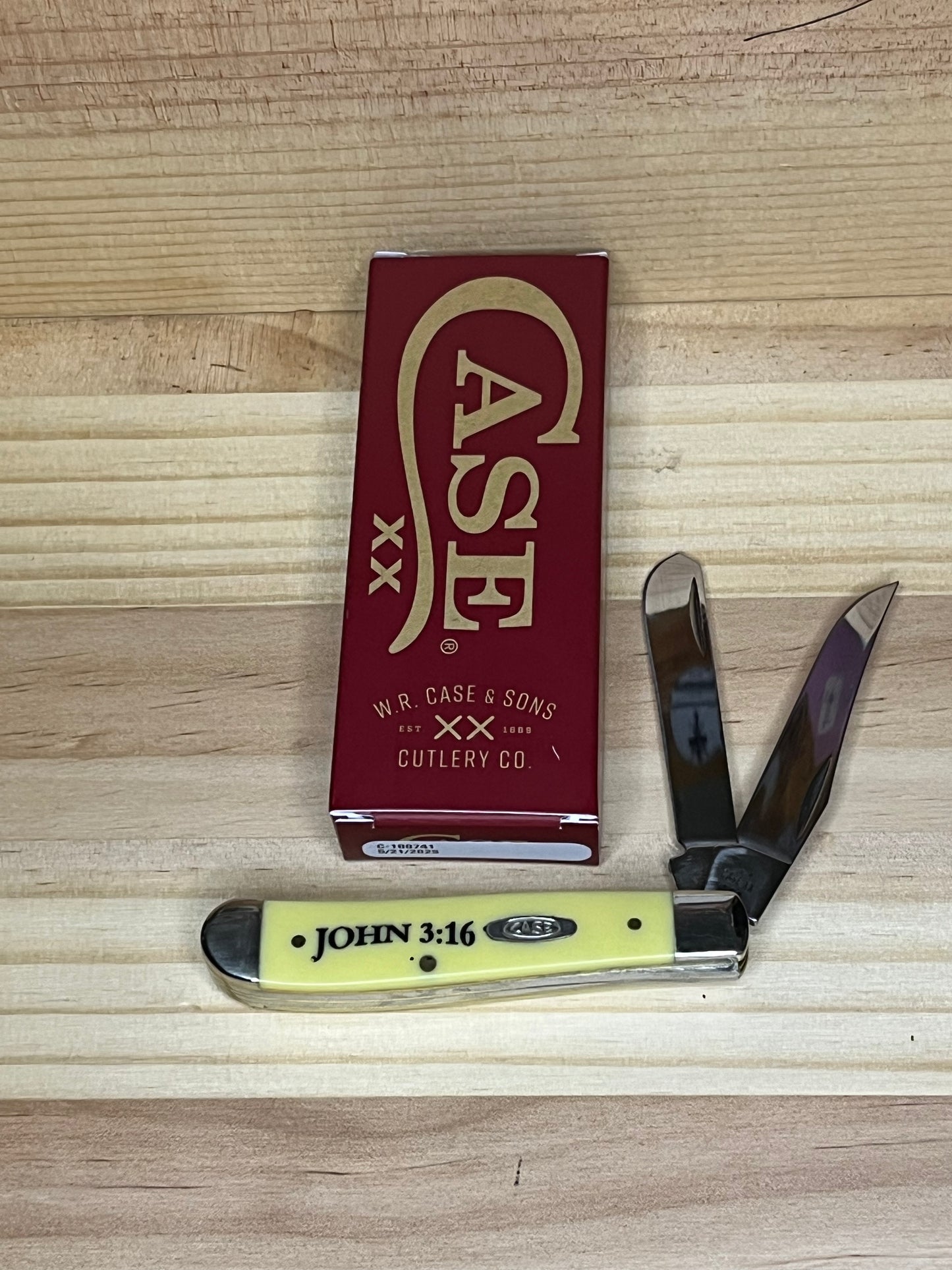 Case Religious Yellow Synthetic Smooth Mini Trapper Pocket Knife (CA08850) 7046 CedarHill Country Market