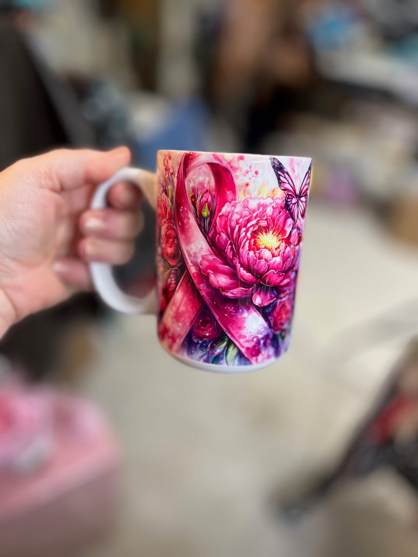 Floral and Pink Ribbon Breast Cancer Awareness 15 oz Mug CedarHill Country Market