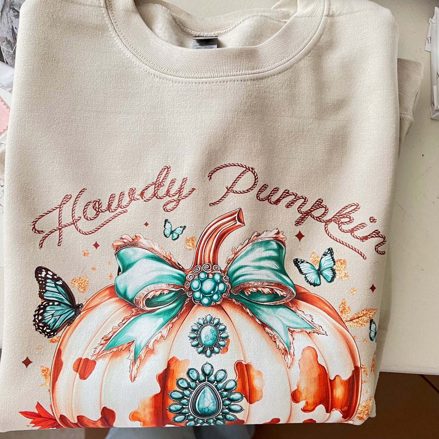Hello Turquoise & Concho Pumpkin Crew Sweatshirt Cedar Hill Country Market