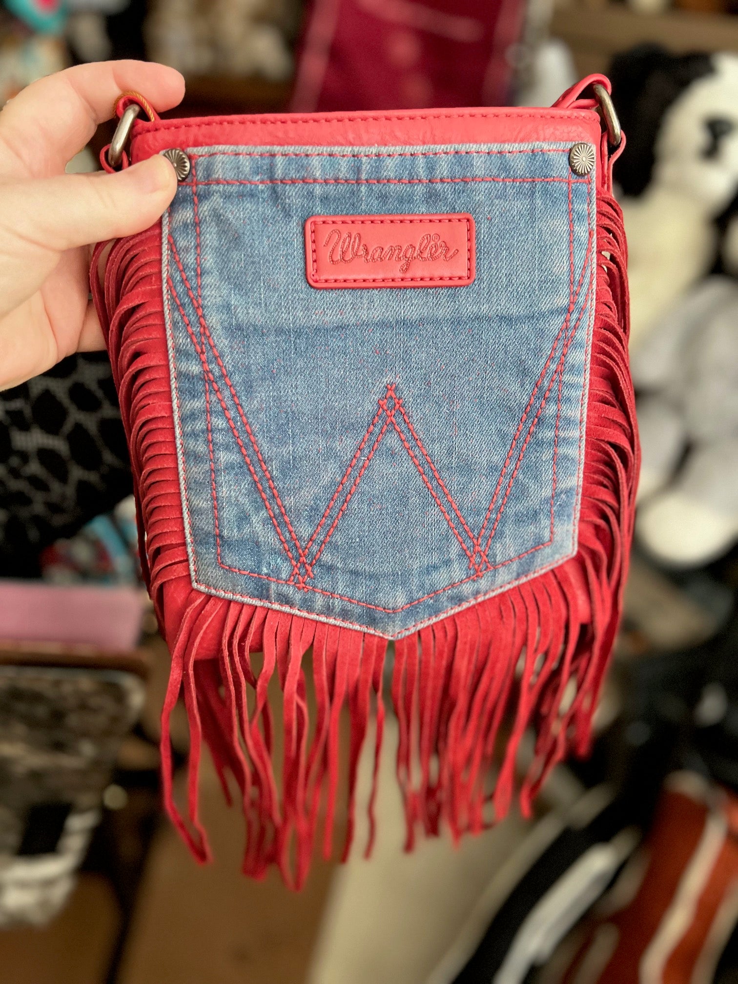 Wrangler Leather Fringe Jean Denim Pocket Crossbody Handbag - Coffee Cedar Hill Country Market