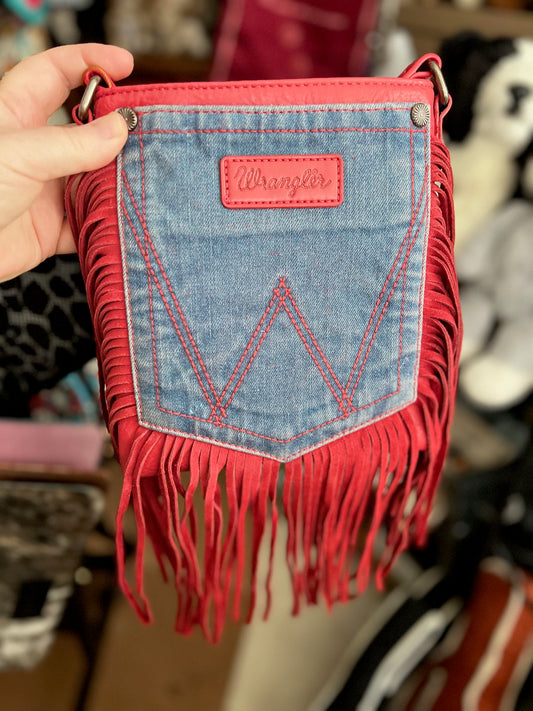 Wrangler Leather Fringe Jean Denim Pocket Crossbody Handbag - Coffee Cedar Hill Country Market