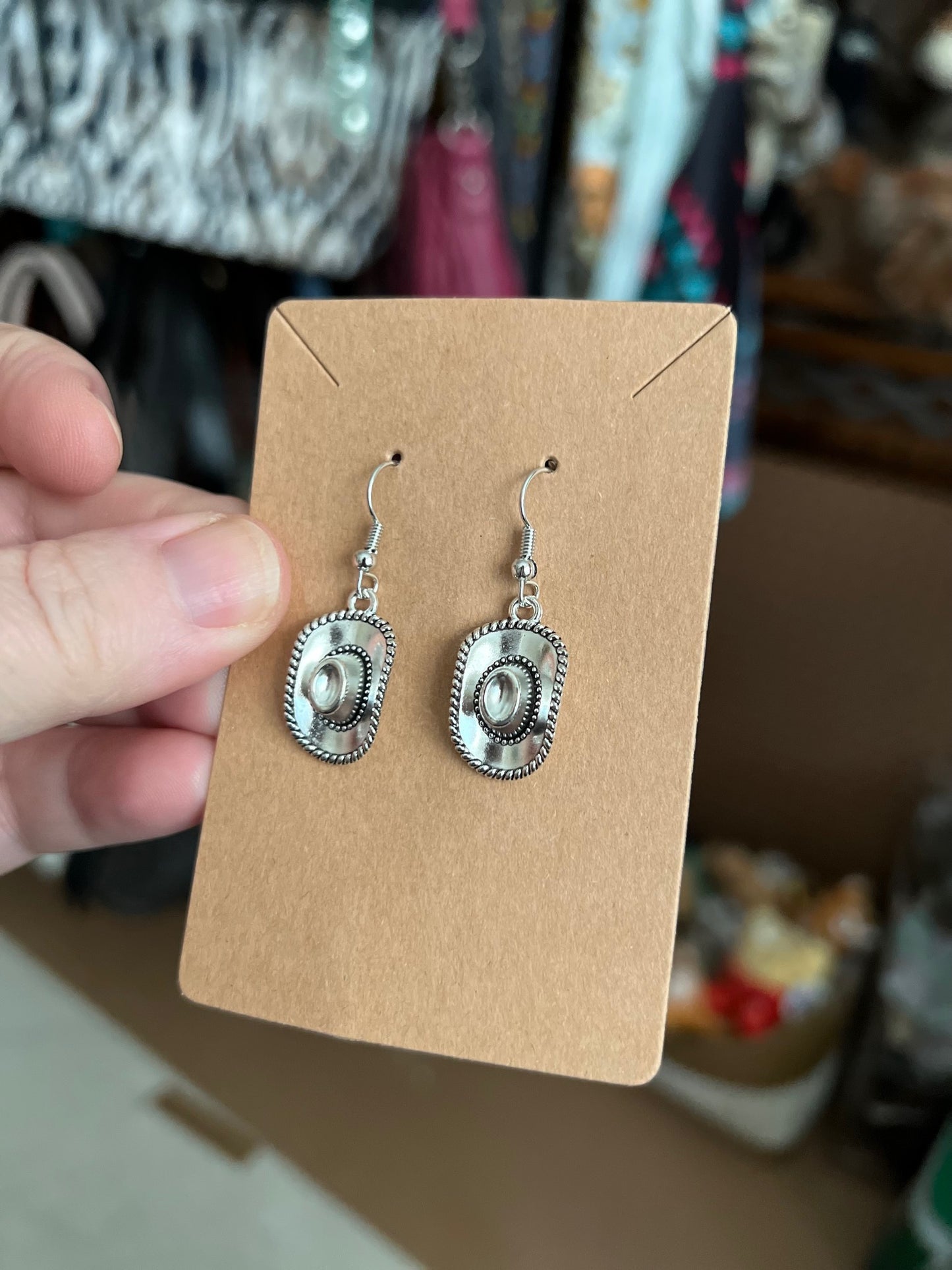 Silver Cowboy Hat Earrings on hooks Cedar Hill Country Market