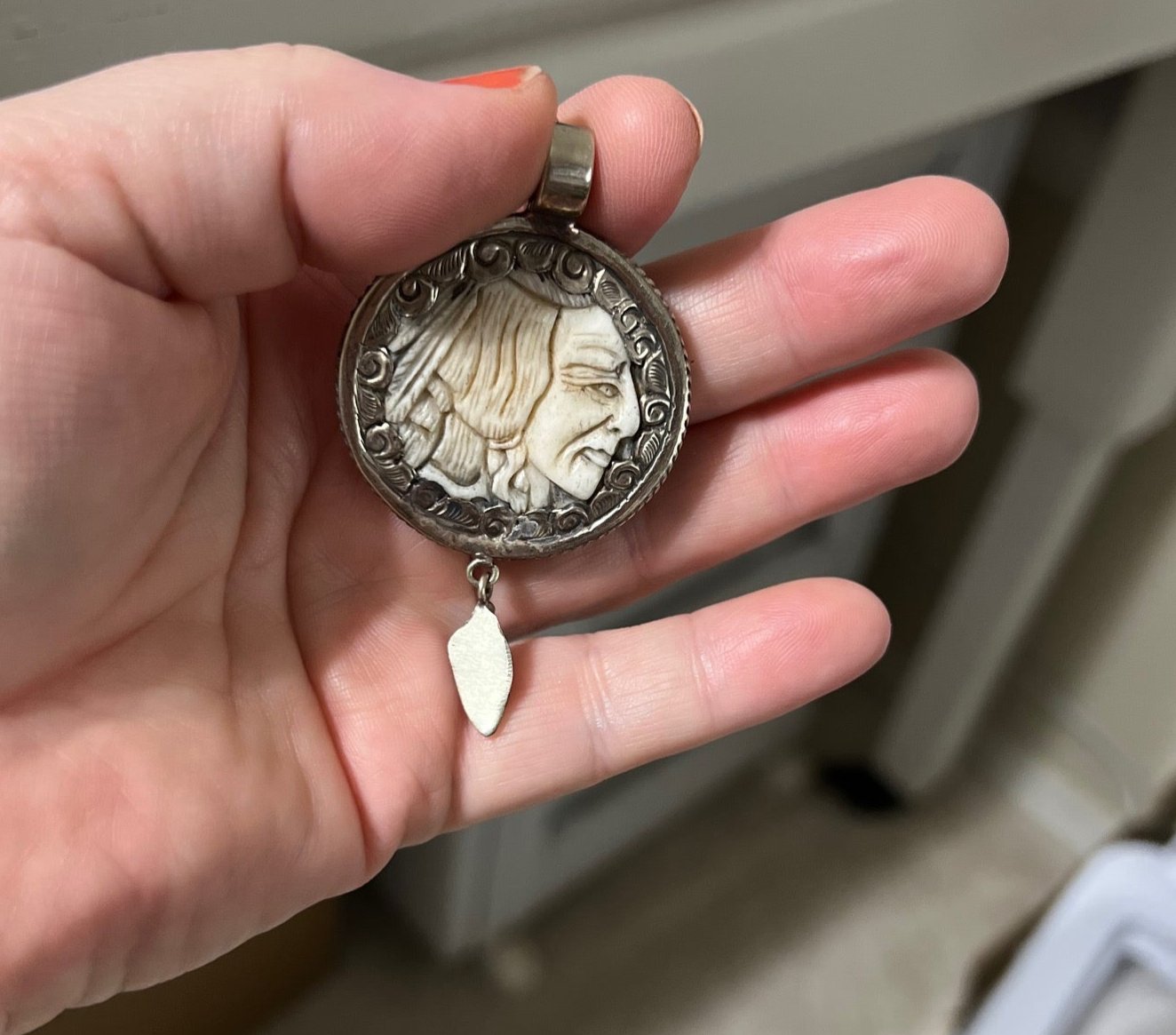 Tibetan Silver Buffalo/Indian Hand Carved Bone Pendant Cedar Hill Country Market