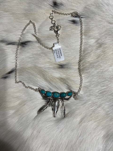 Kingman Genuine Turquoise Longhorn Bullhead with dangle feathers Sterling Silver Necklace Cedar Hill Country Market