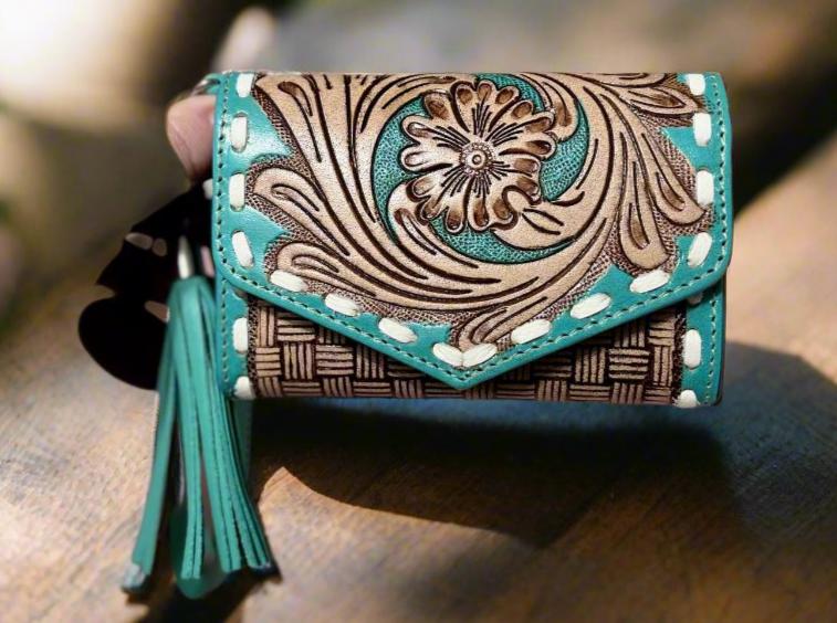Myra Turquoise and Hand Tooled Wristlet Wallet Handbag CedarHill Country Market