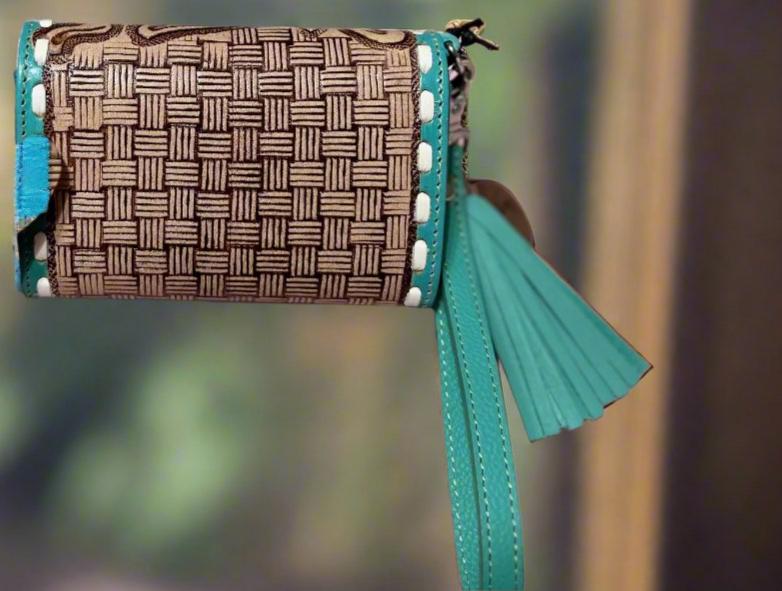 Myra Turquoise and Hand Tooled Wristlet Wallet Handbag CedarHill Country Market