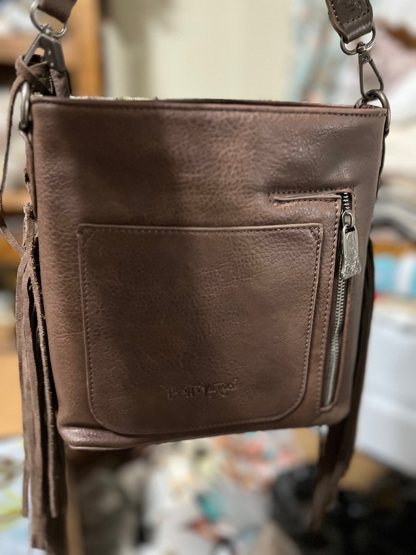 Trinity Ranch Hair-On Cowhide/Tooled Fringe Concealed Carry Crossbody Bag Cedar Hill Country Market