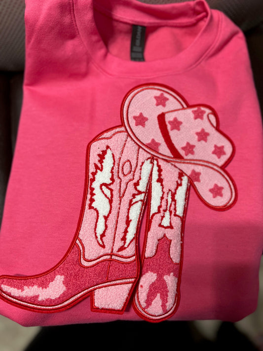 Pink Cowgirl Hat and Boot Chenille Crew Sweatshirt Cedar Hill Country Market