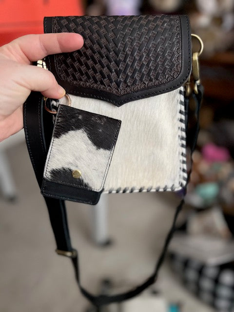 Cowhide and Tooled Leather Crossbody with Key Chain Wallet Cedar Hill Country Market