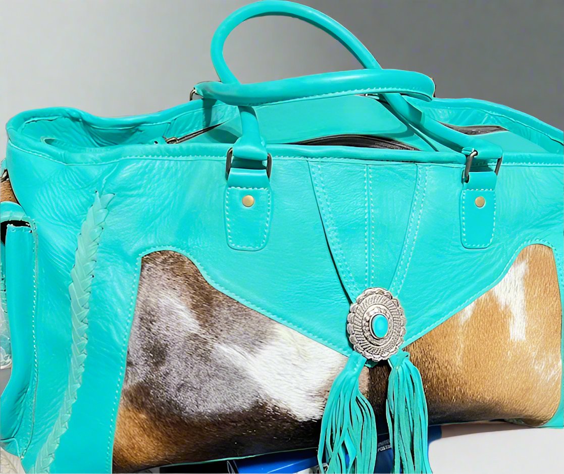 Western Turquoise Hair on Hide Weekender with Fringe Cedar Hill Country Market
