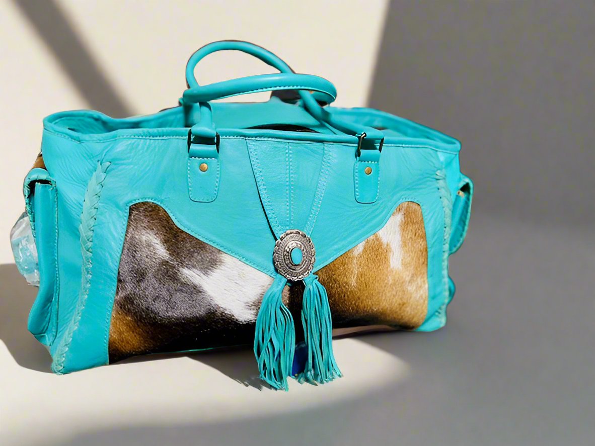 Western Turquoise Hair on Hide Weekender with Fringe Cedar Hill Country Market