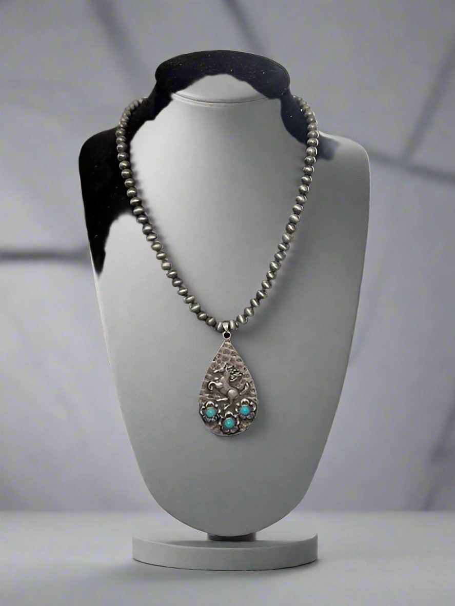 Turquoise and Stallion on Navajo Pearl Necklace Cedar Hill Country Market