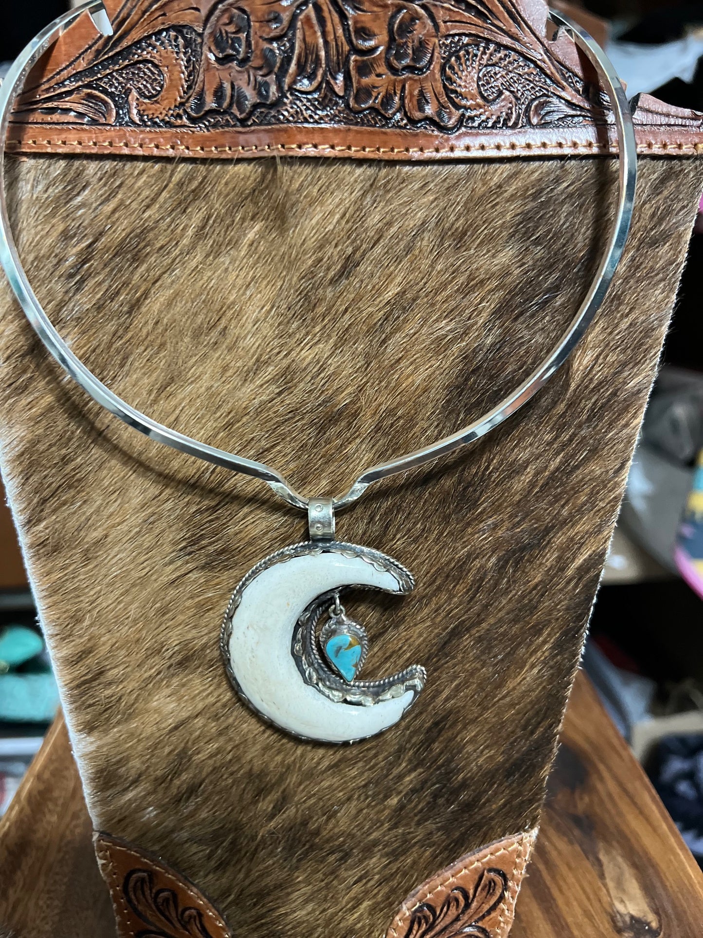 Moon Crest with Turquoise Drop Tibetan Silver Pendant Cedar Hill Country Market