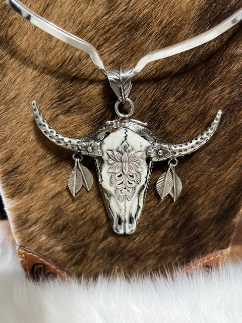Tibetan Bone Carved Bull Skull with Feather Dangle Pendant Cedar Hill Country Market