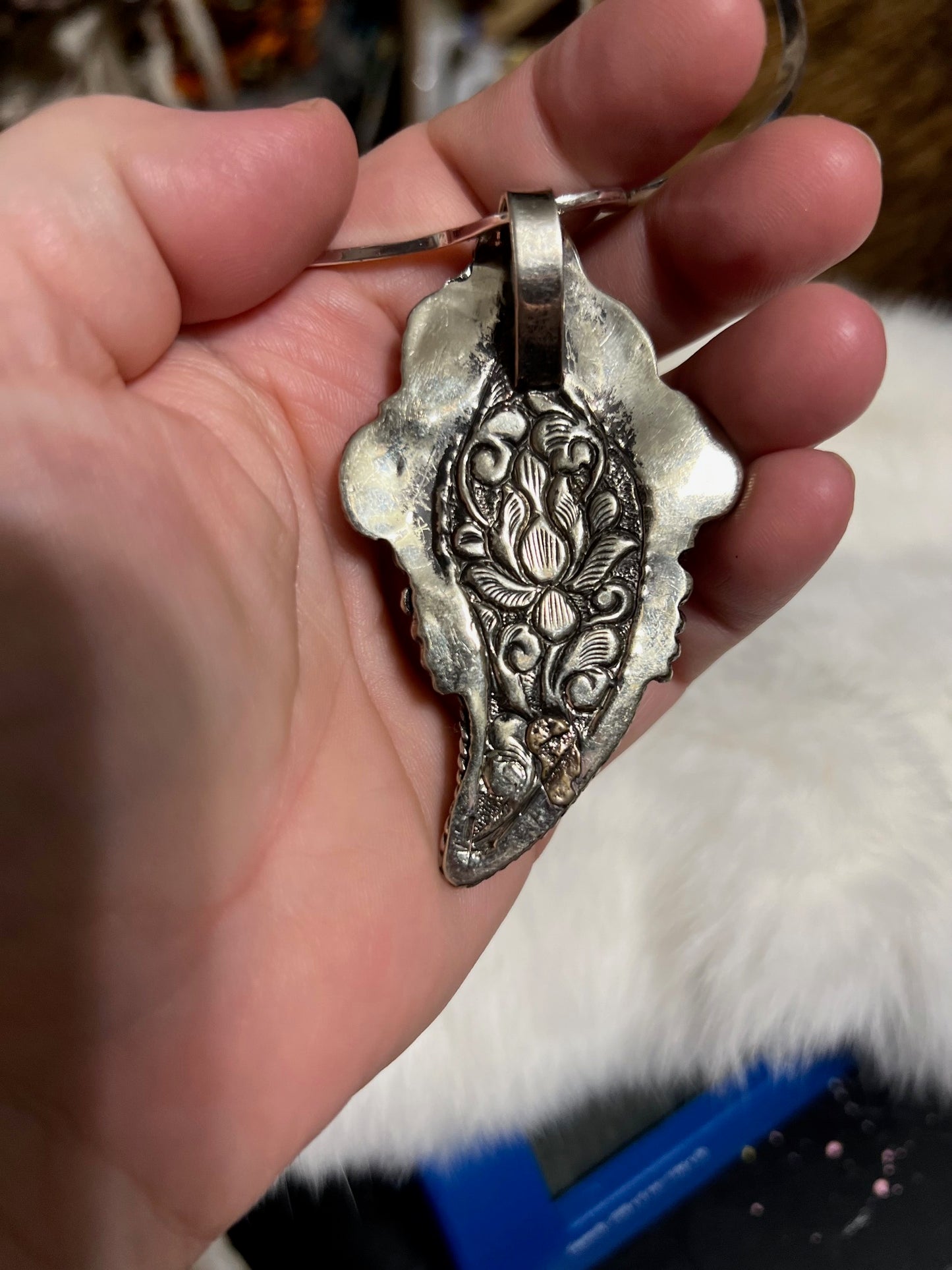 Bone Carved Native Feather with two Genuine Turquoise Stones - Pendant Cedar Hill Country Market