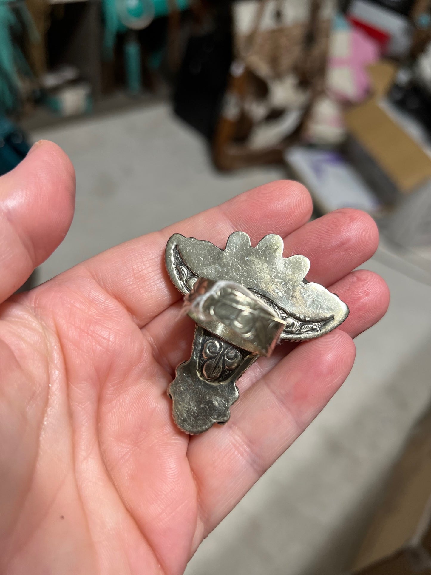 Black Horned Bull Skull Ring - Carved Bone & Tibetan Silver Cedar Hill Country Market