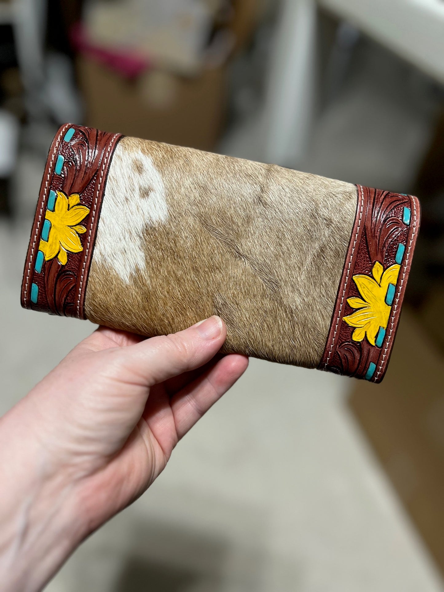 Sunflower and Cowhide with Turquoise Whip Stitch Envelope Wallet Cedar Hill Country Market