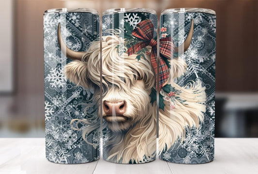 Snowy Highland Cow 20 oz Stainless steel tumbler CedarHill Country Market