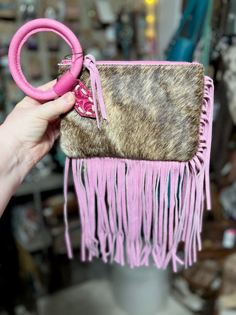 Trinity Ranch Genuine Hair-On Cowhide Ring Handle Wristlet Clutch Bag Cedar Hill Country Market