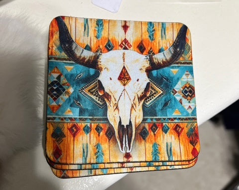 Bohemian Western Bullhead Neoprene 4 Inch Square Coasters - Set of 4 Cedar Hill Country Market