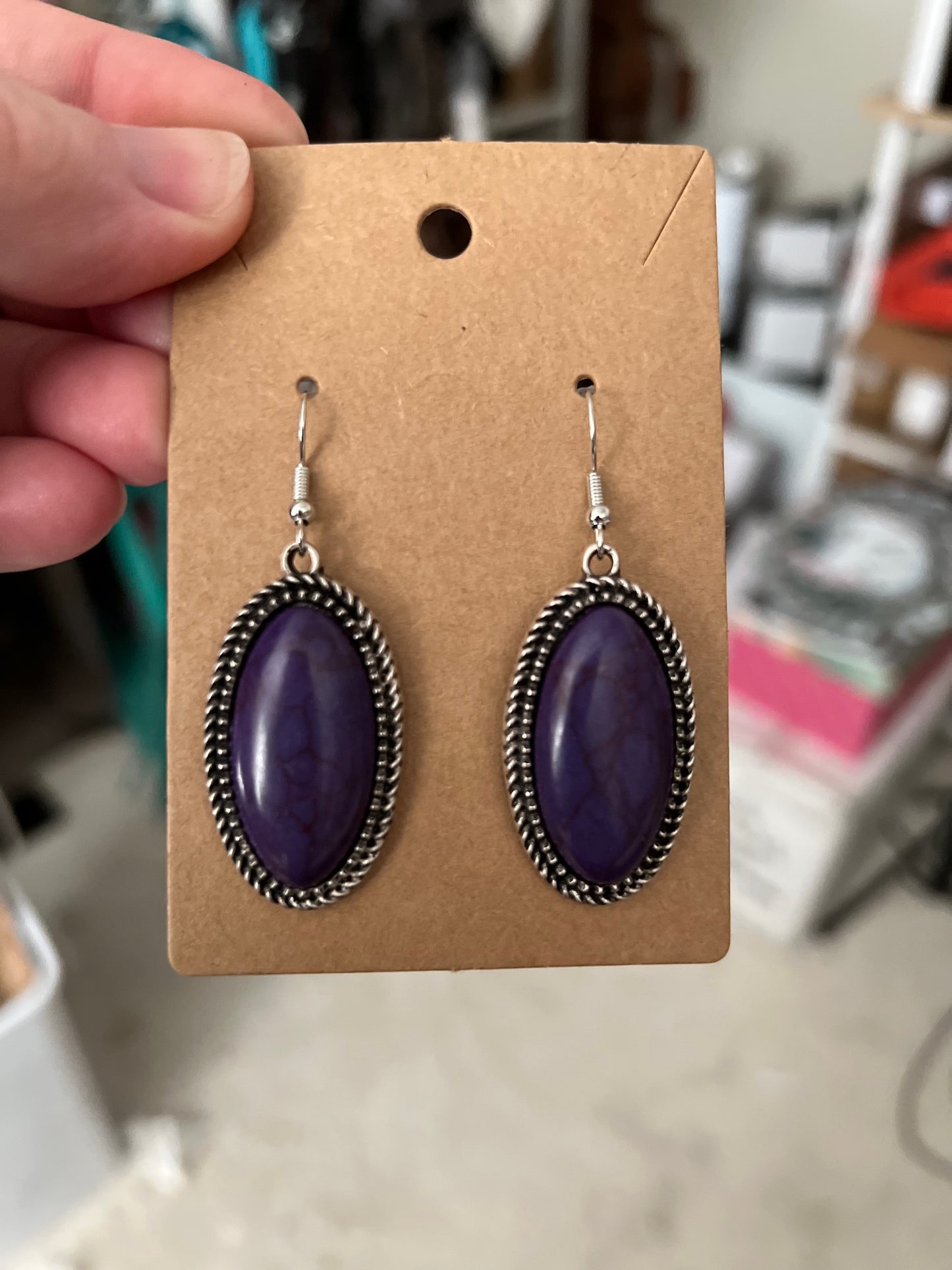 Purple Stone Oval Earrings on Hooks Cedar Hill Country Market