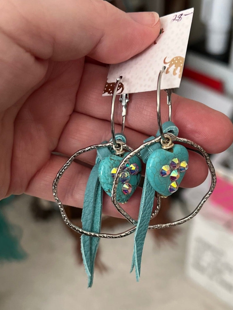 Sandra Ling Turquoise Heart Hoop Earrings with Tassel Cedar Hill Country Market