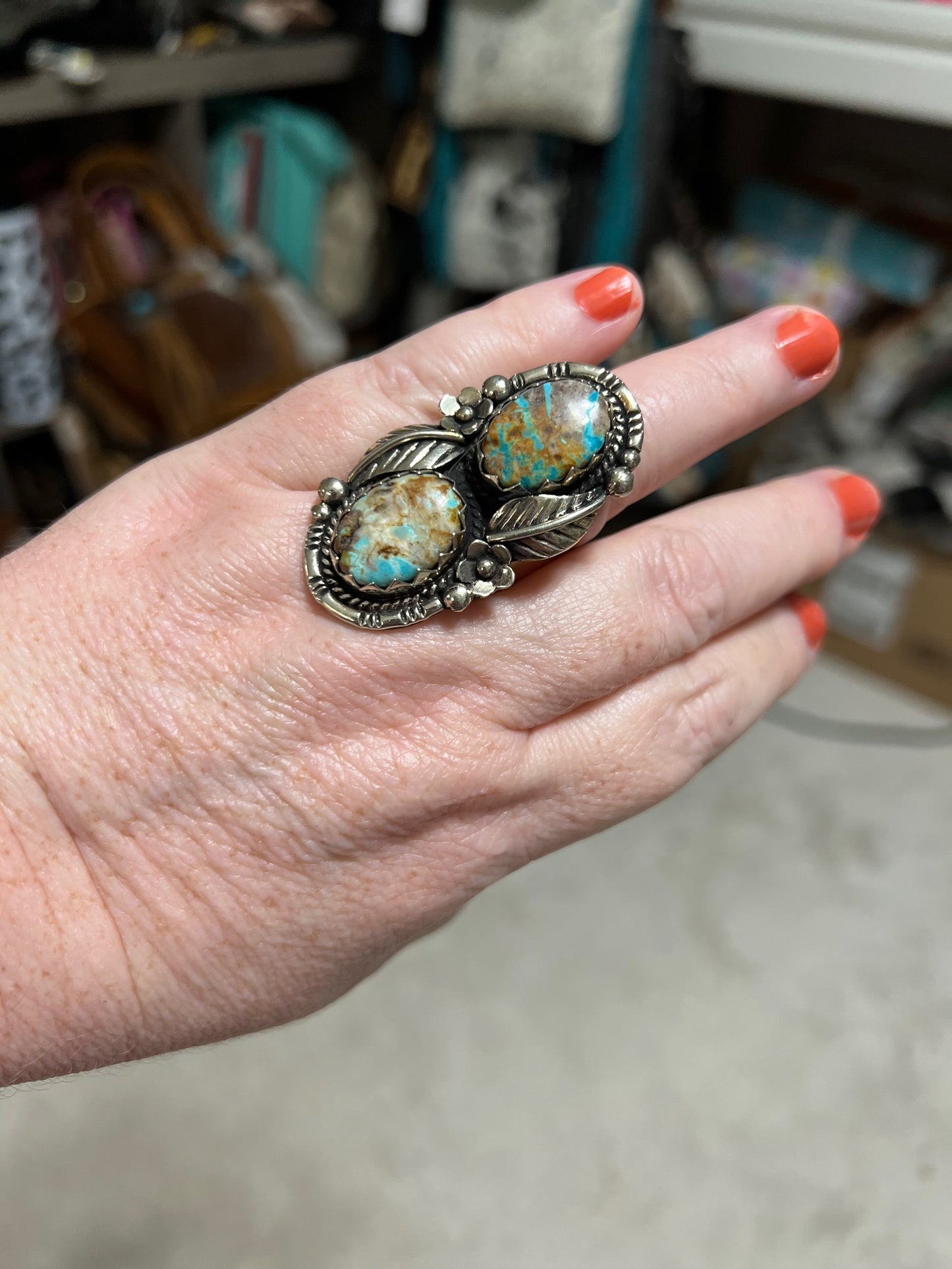 Navajo Native American Candelaria Turquoise Double Stacked Wrap Ring in Tibetan Silver