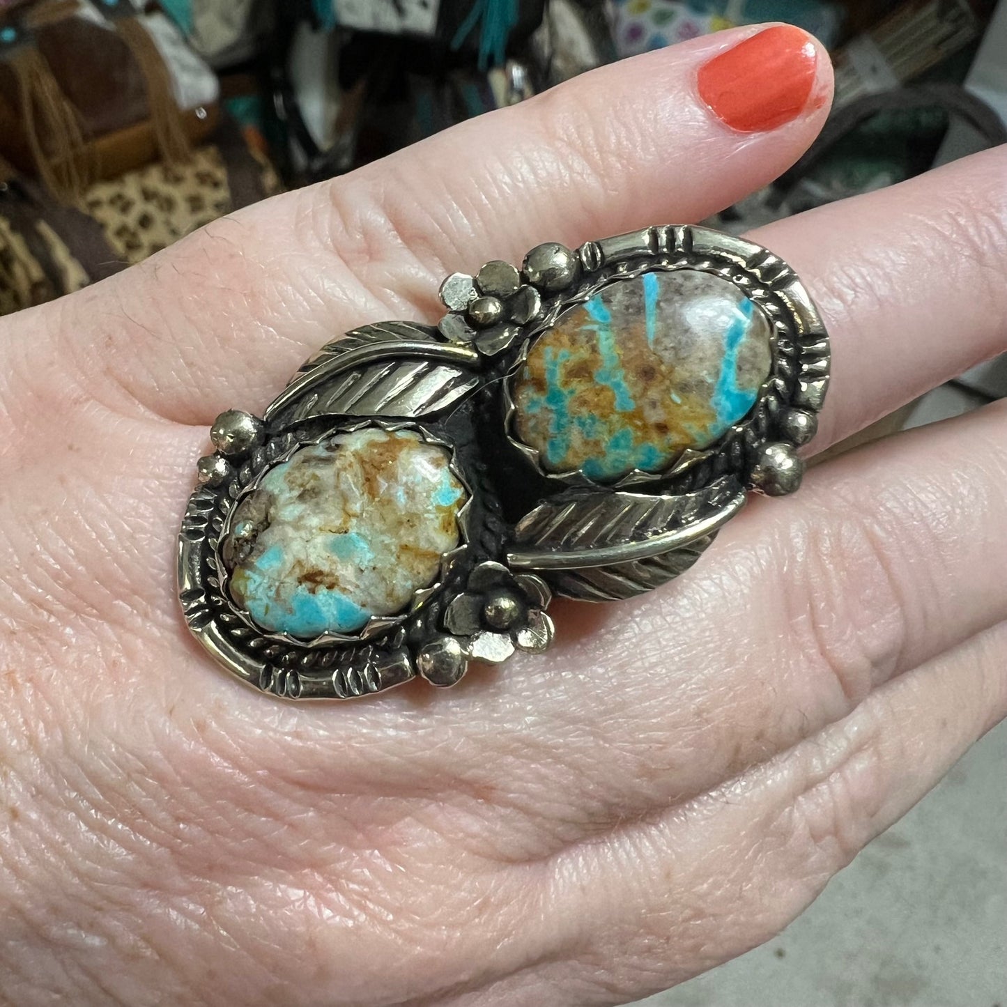 Navajo Native American Candelaria Turquoise Double Stacked Wrap Ring in Tibetan Silver