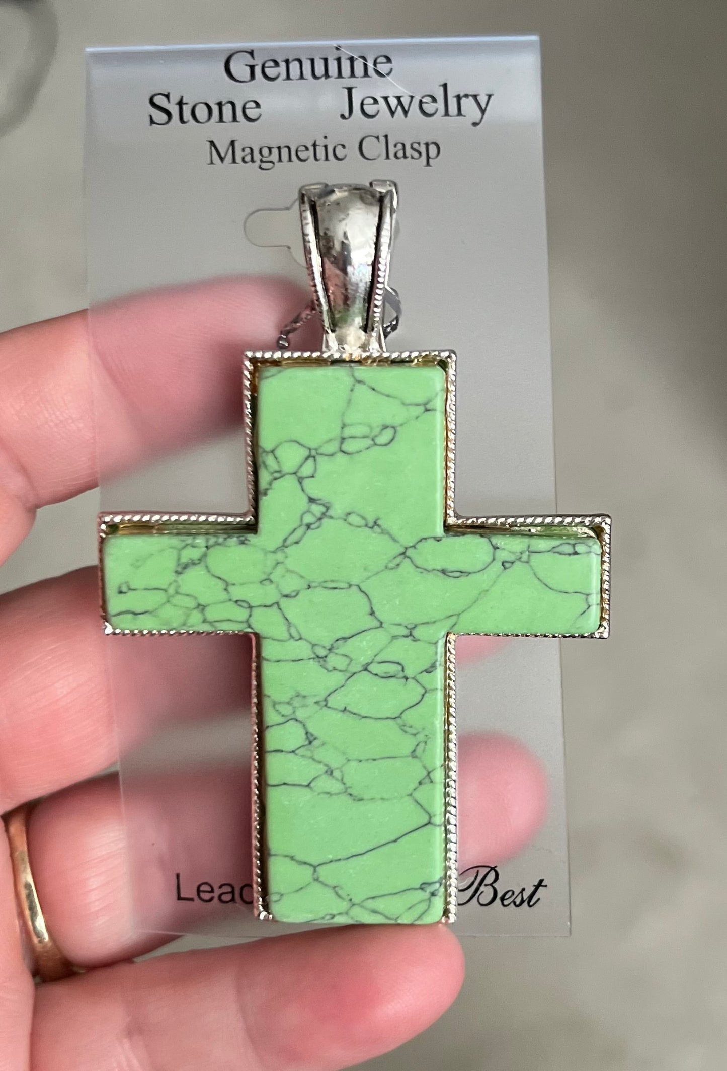 Green Stone Cross Pendant with Magnetic Clasp
