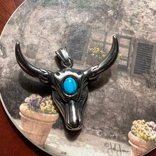 Sterling Silver BullHead with Turquoise Stone Pendant 1579