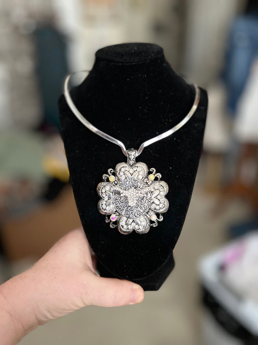 Silver and AB Stone Longhorn Western Pendant with Magnetic Closure 0365