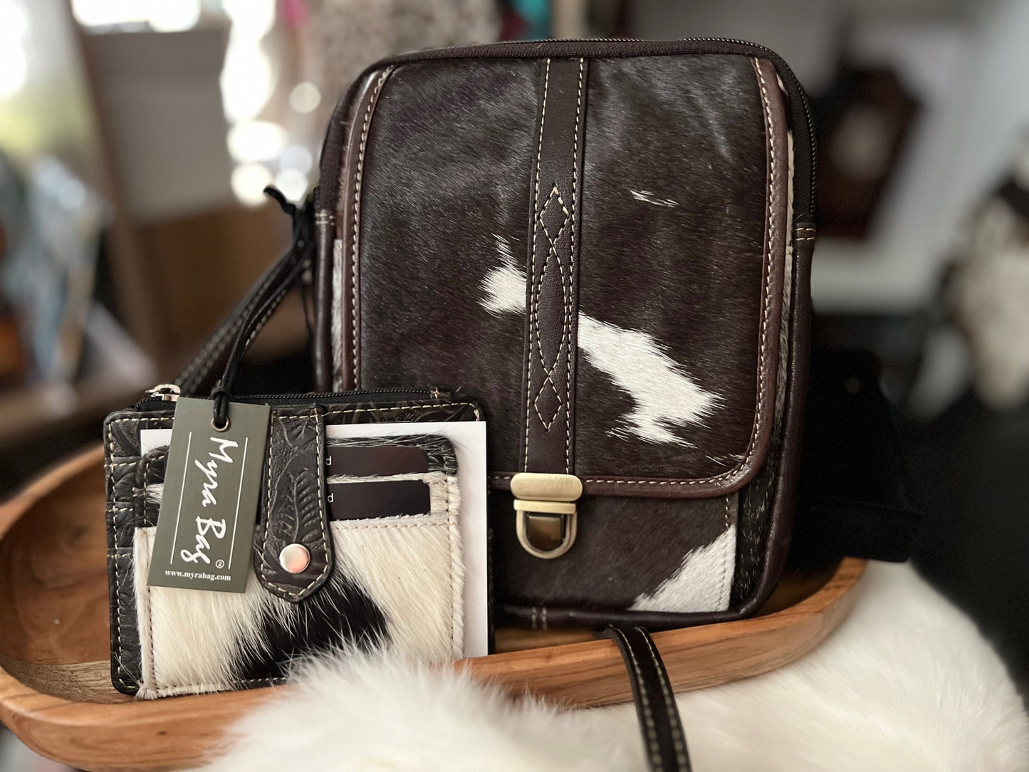 Santa Mesa Mini Leather & Hairon Handbag in Dark Hair-on Hide with wallet - Myra Bag